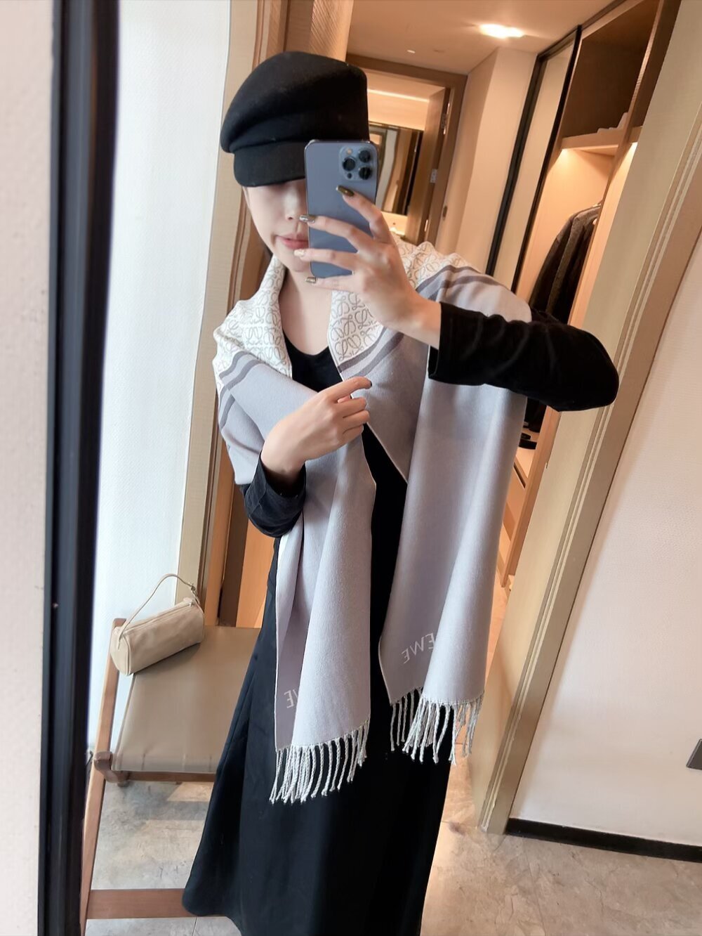 Loewe Grey Logo Wool Scarf – Designer Winter Wrap