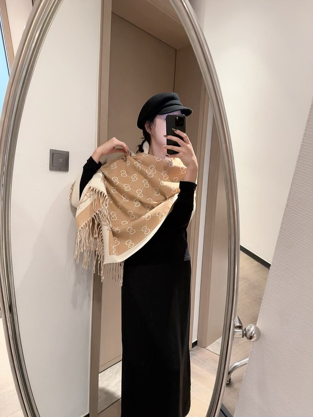 Gucci Beige GG Wool Scarf – Fringe Detail