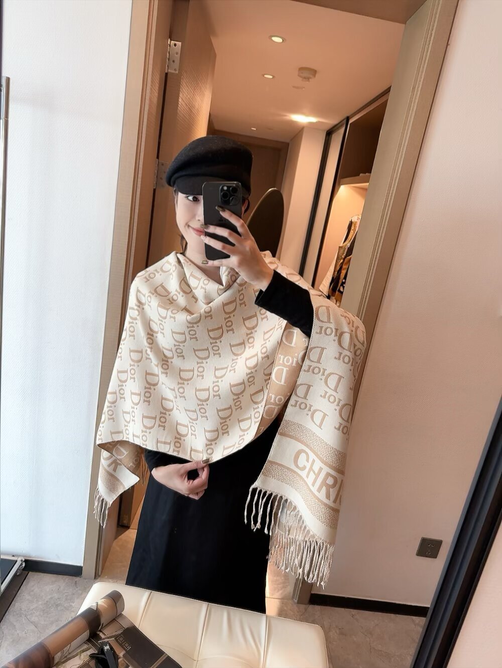 Dior Beige Wool Shawl – Signature Logo Fringed Scarf