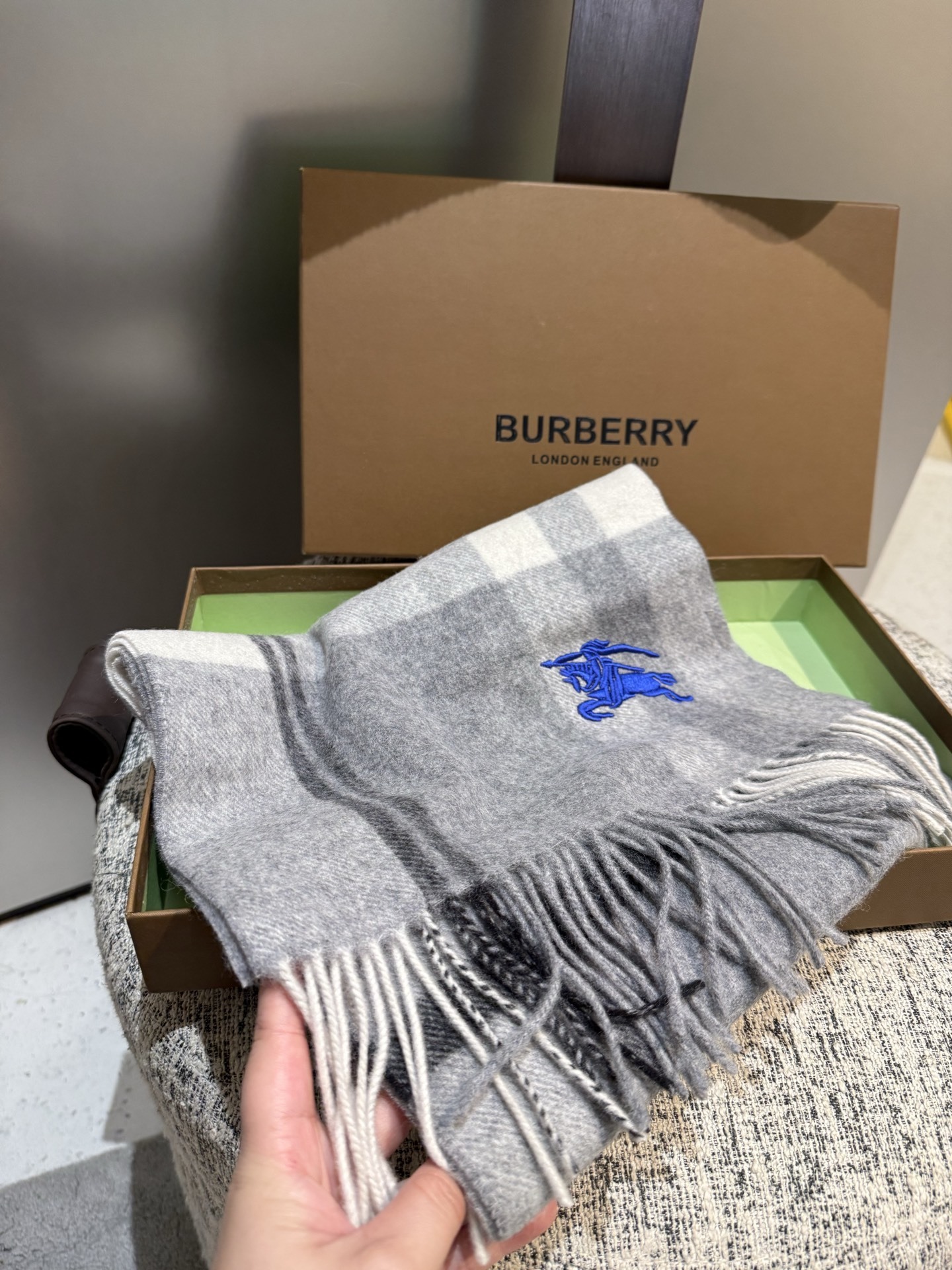 blue logo Burberry Grey Check Scarf – Burberry Grey Check Scarf – Blue