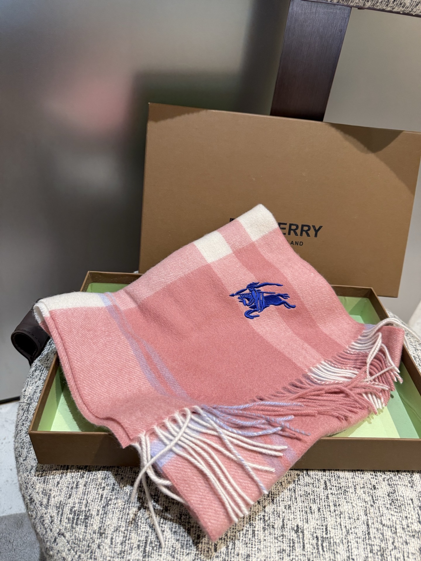 Burberry Pink Check Wool Scarf equestrian logo