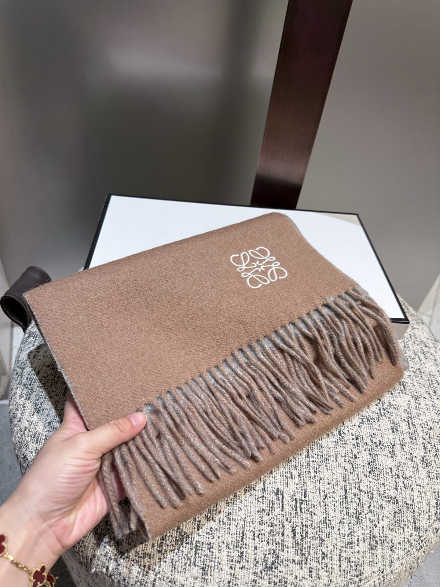Loewe Sand Wool Scarf – White Anagram Logo & Fringes
