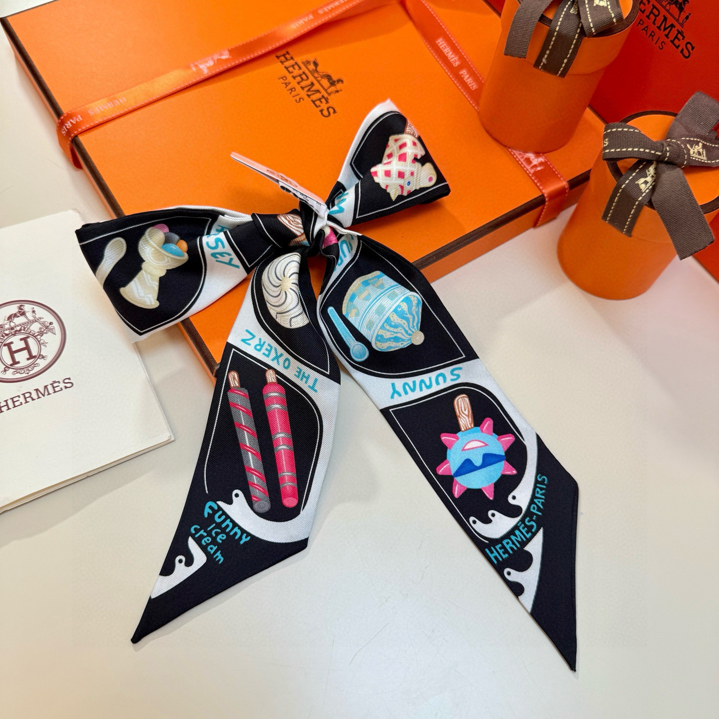 black white Hermès Funny Ice Cream Twilly