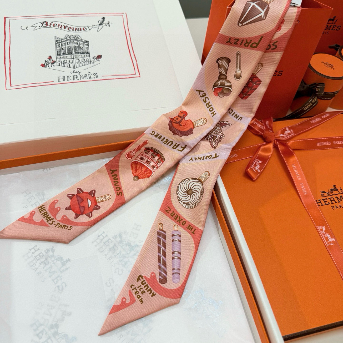 Hermès Pink Twilly Silk Scarf – Ice Cream Theme