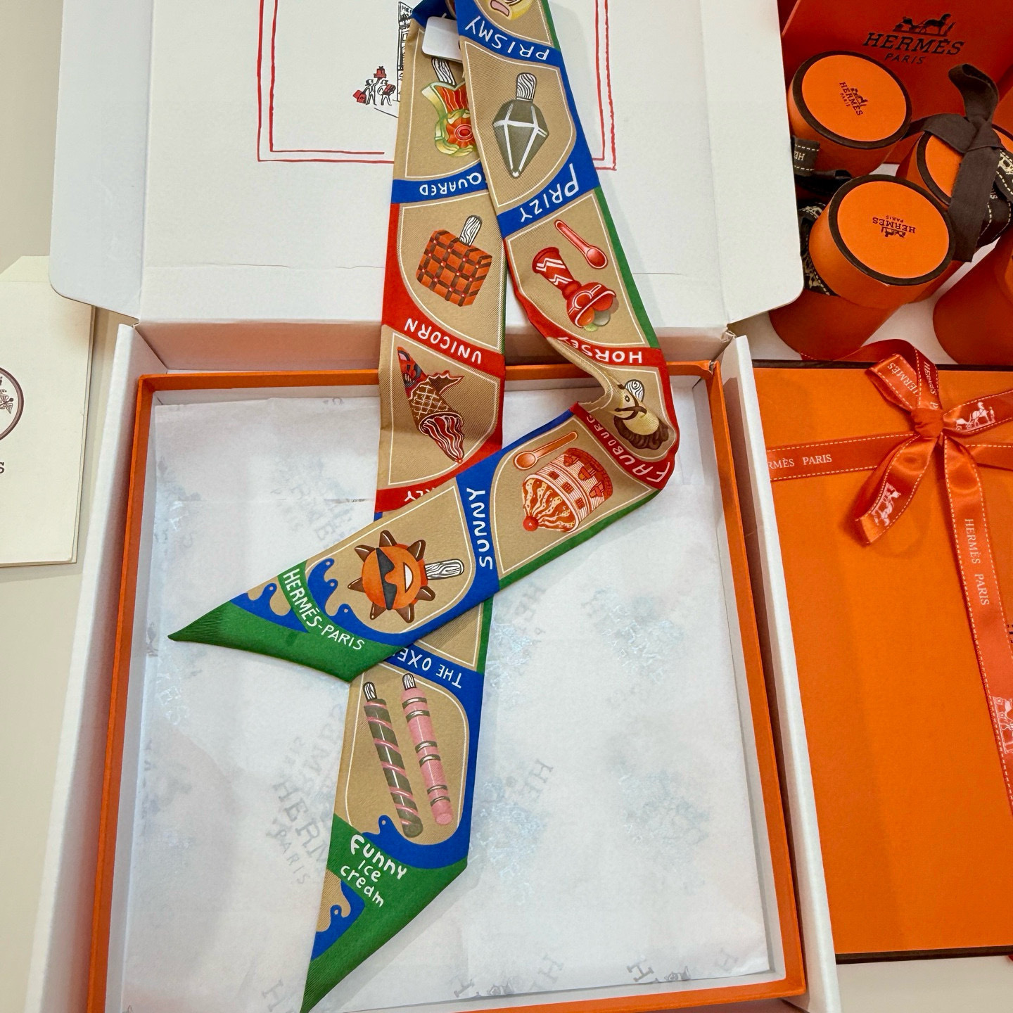 Hermès Funny Ice Cream Twilly scarf limited – Hermès Funny Ice Cream