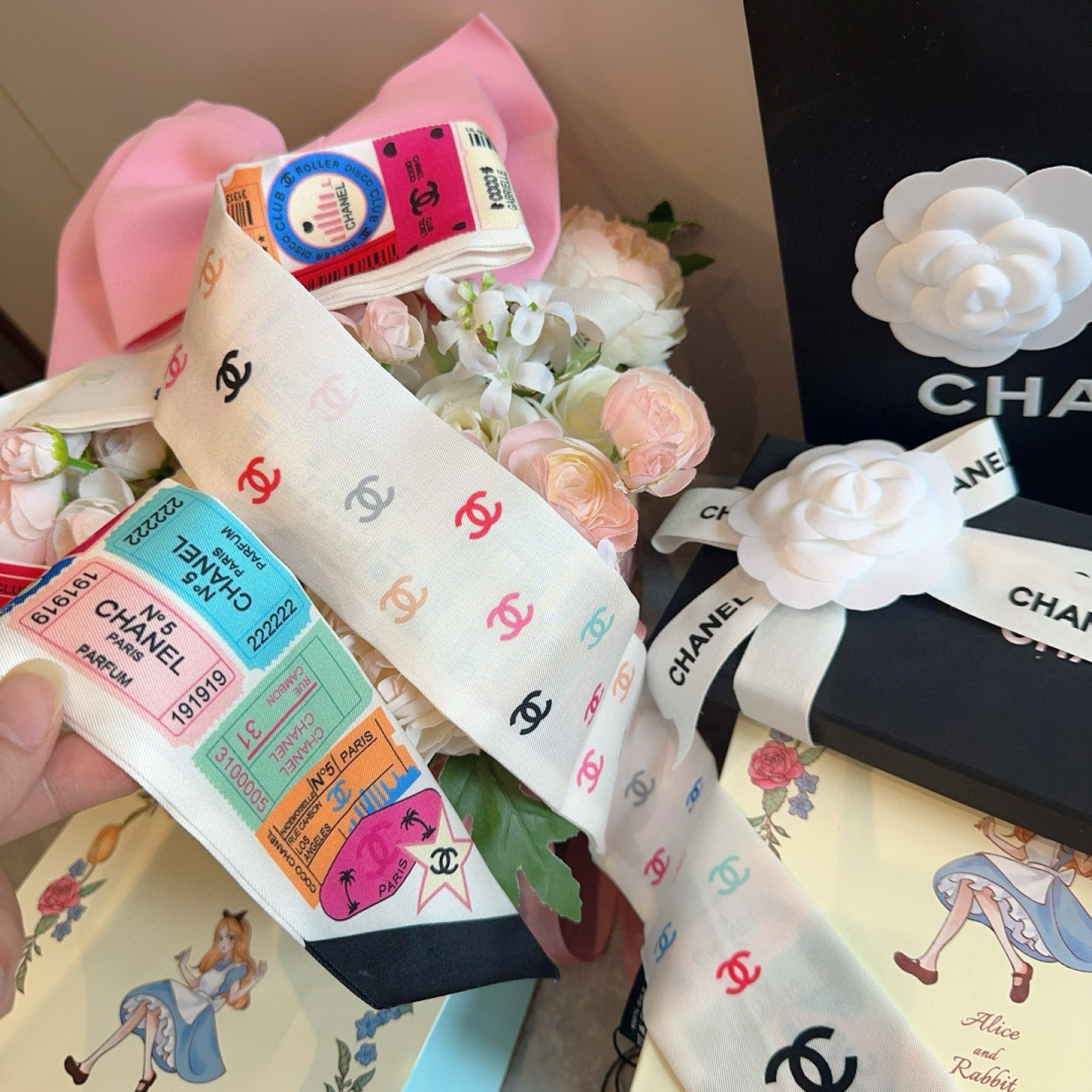 Chanel Ticket Silk Twilly Scarf – Chanel Printed Silk Twilly Scarf