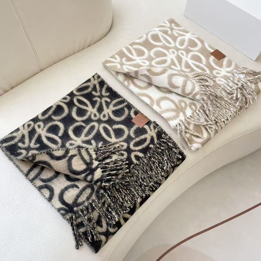 fringe Loewe Anagram Wool Scarf Beige Black – Loewe Anagram Wool Scarf