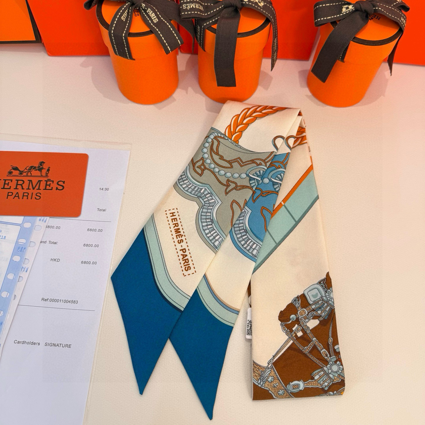 Hermès Ivory Blue Silk Twilly – Equestrian Design