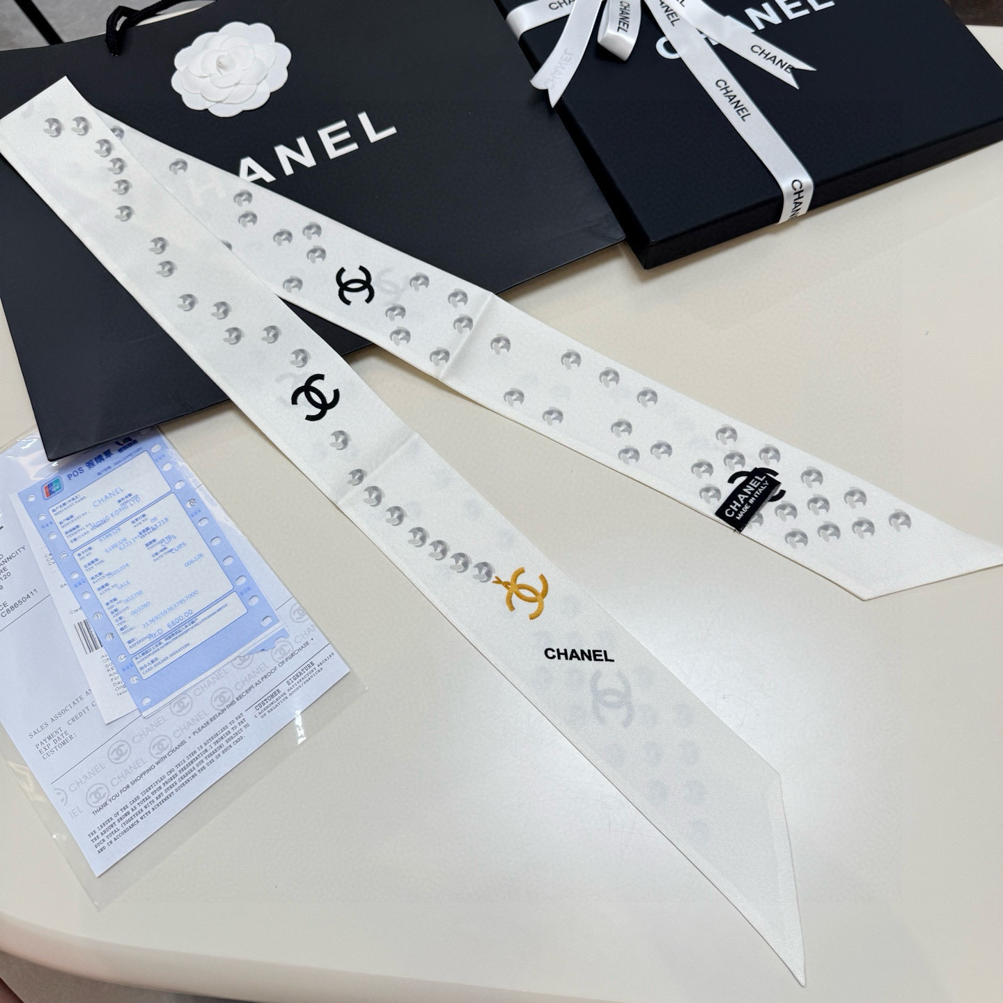 Chanel White Silk Twilly – CC Logo & Pearl Accents