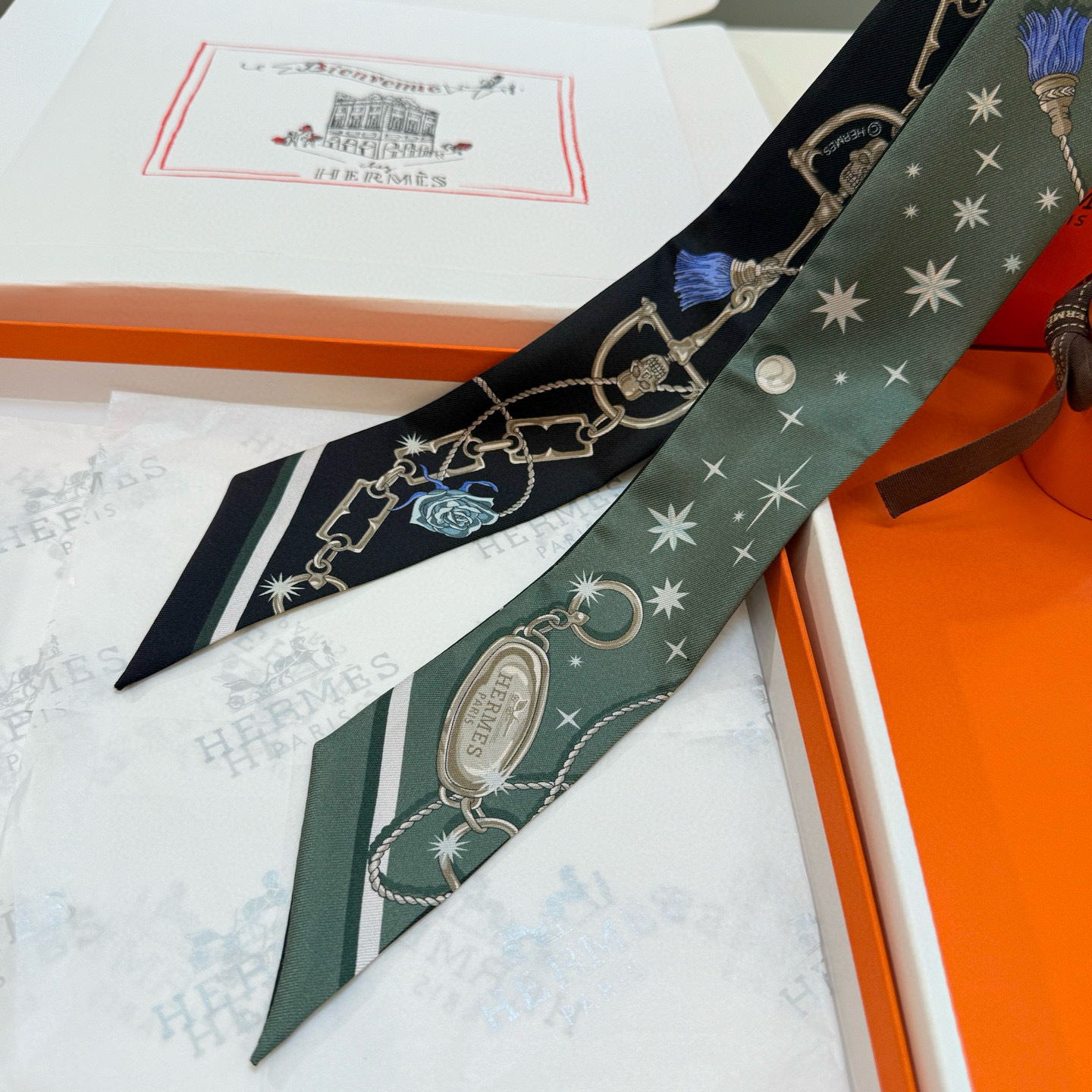 Hermès Green Black Silk Twilly – Hermès Green & Black Silk Twilly Set