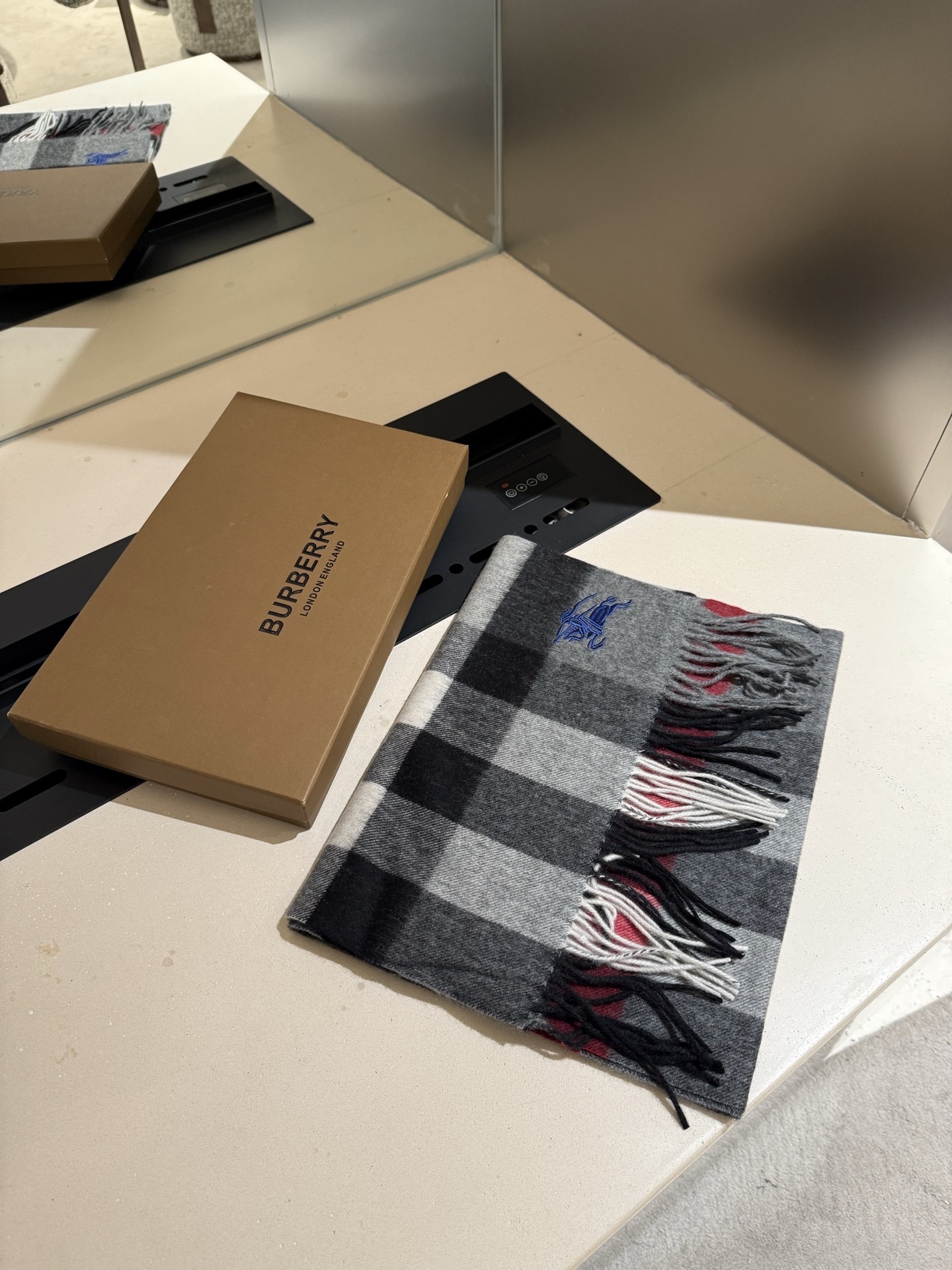 Burberry Grey Check Wool Fringe Scarf