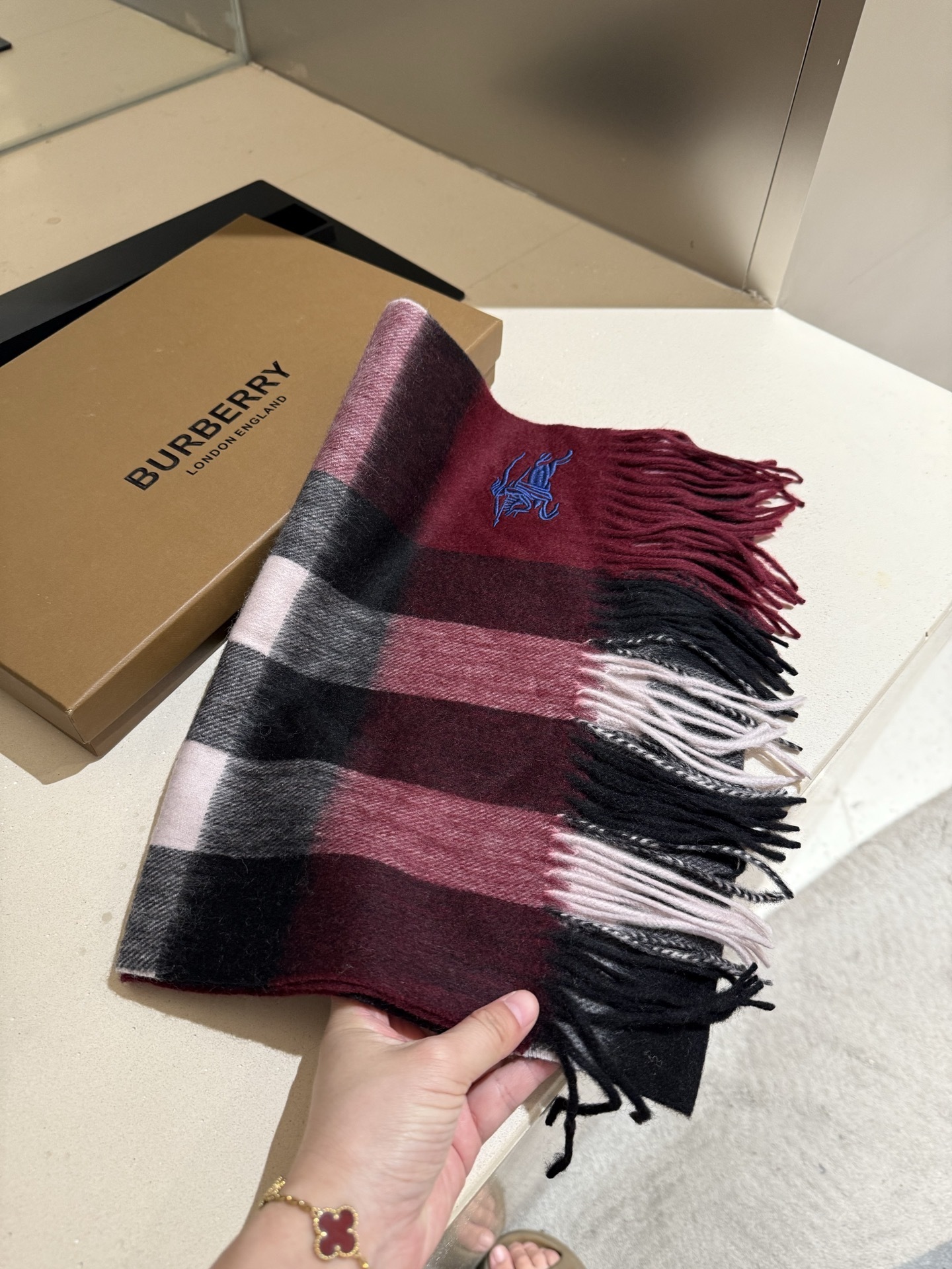 Burberry Burgundy Check Wool Scarf embroidered logo – Burberry