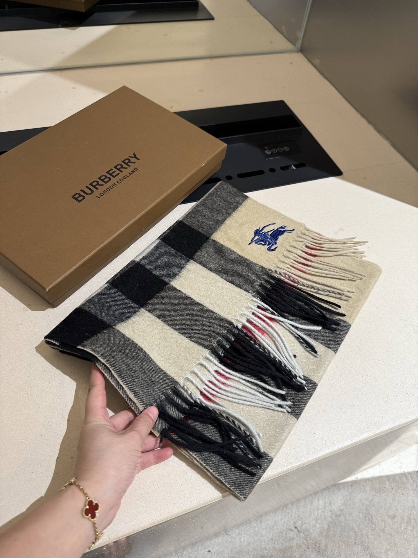blue Burberry Check Wool Scarf Beige