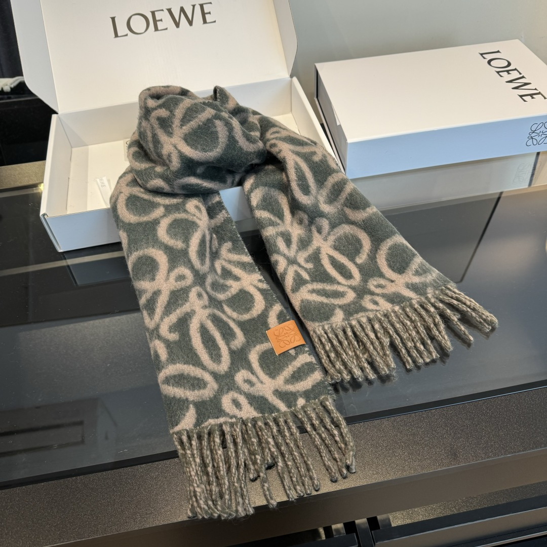 Loewe Olive Green Anagram Scarf – Wool Blend