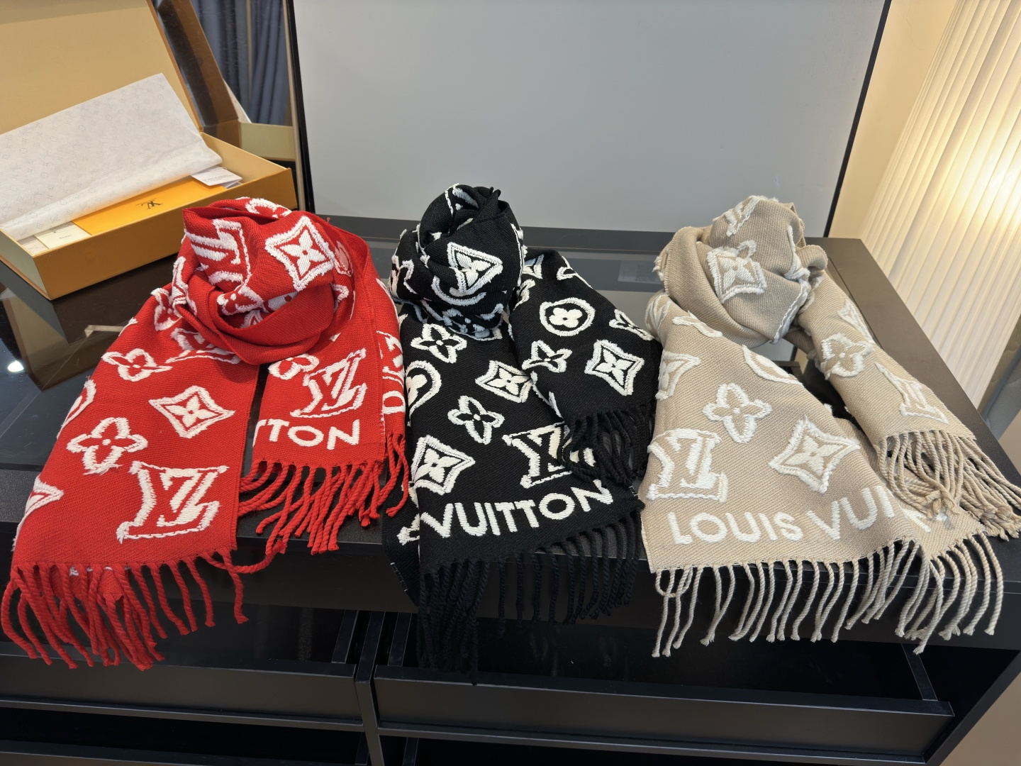 Louis Vuitton Red Monogram Fringe Scarf – Wool Blend