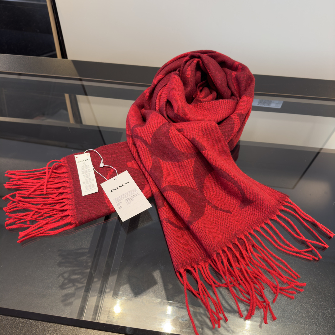 Coach Ruby Red Logo Scarf – Wool Blend, Fringe Trim