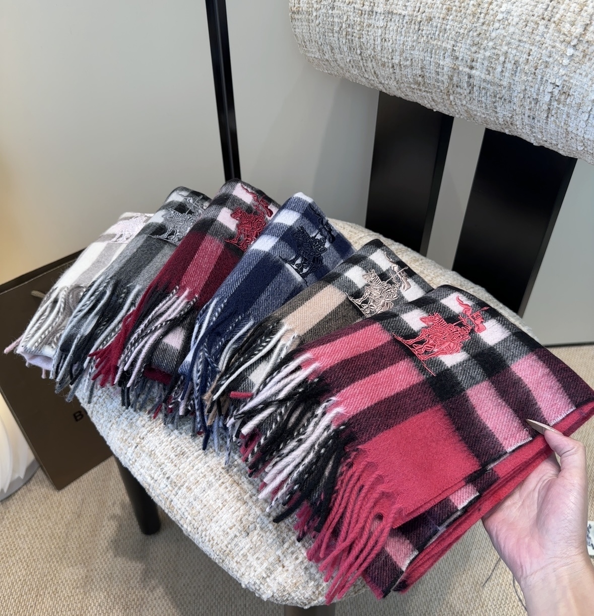 Burberry Pink Plaid Cashmere Scarf – Embroidered Logo