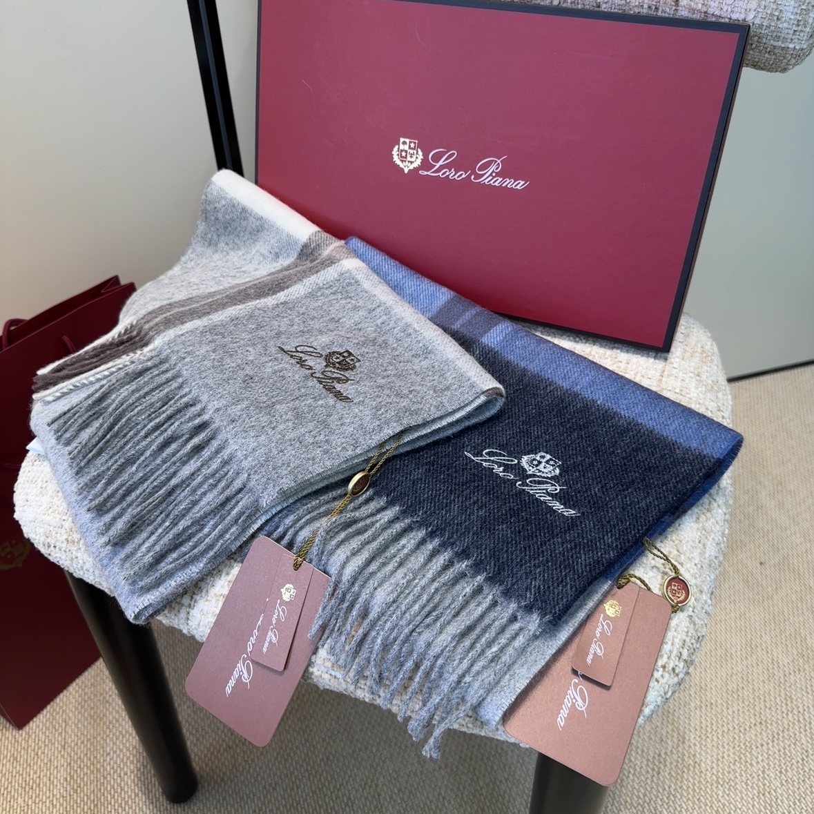 Loro Piana Wool Scarf – Gray & Blue Fringe