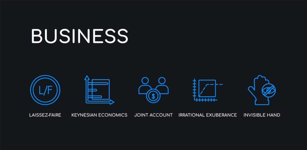 5 outline stroke blue invisible hand, irrational exuberance, joint account, keynesian economics, laissez faire icons from business collection on black background. line editable linear thin icons.