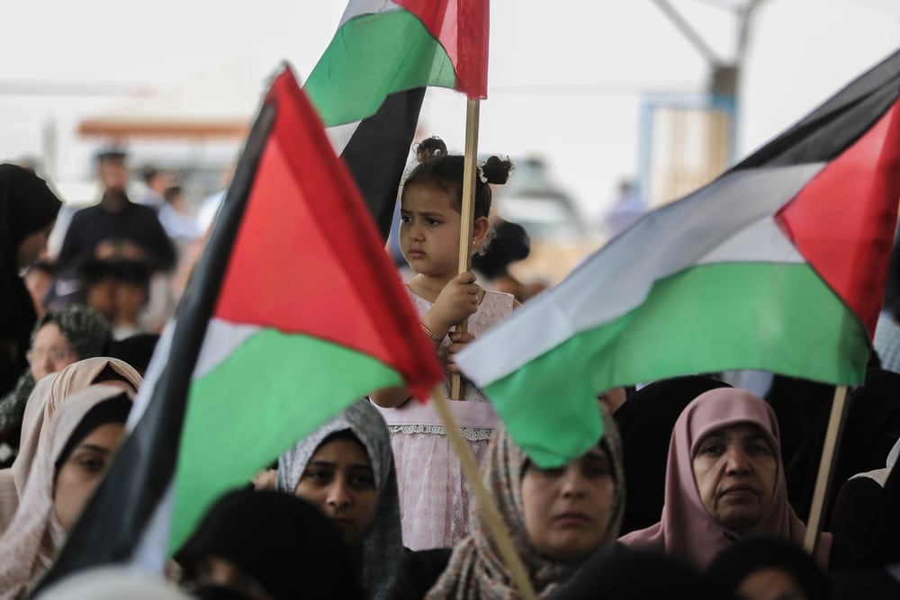 palestinos agitam bandeiras durante marcha pelo 74º aniversario da "nakba"