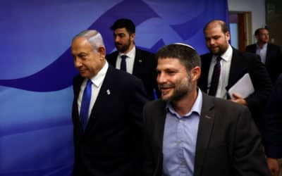 israeli prime minister benjamin netanyahu and finance minister bezalel smotrich arrive to attend a cabinet meeting at the prime minister's office in jerusalem
