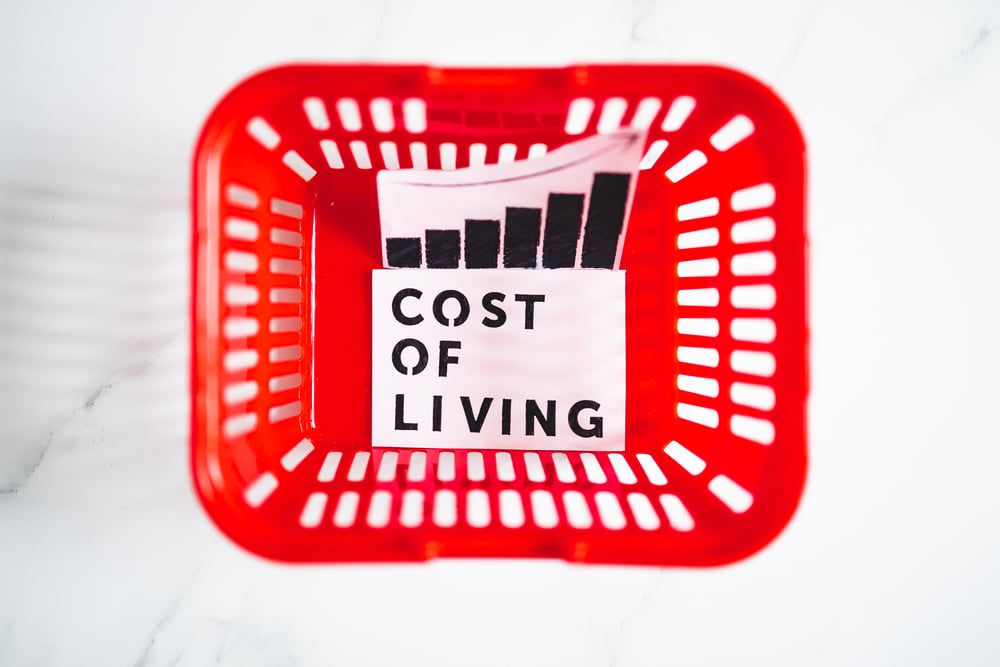 cost of living and rising inflation, empty red shopping basket w