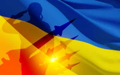 silhouette of ukrainian soldier in uniforms and missiles on background of the ukraine flag. 3d rendering.