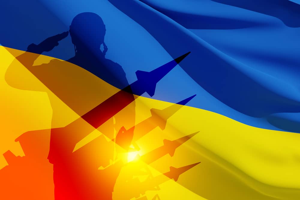 silhouette of ukrainian soldier in uniforms and missiles on background of the ukraine flag. 3d rendering.