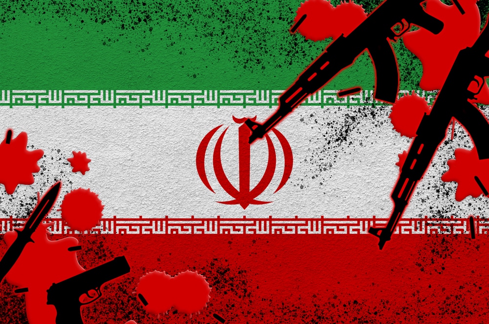 iran flag and guns in red blood. concept for terror attack and military operations