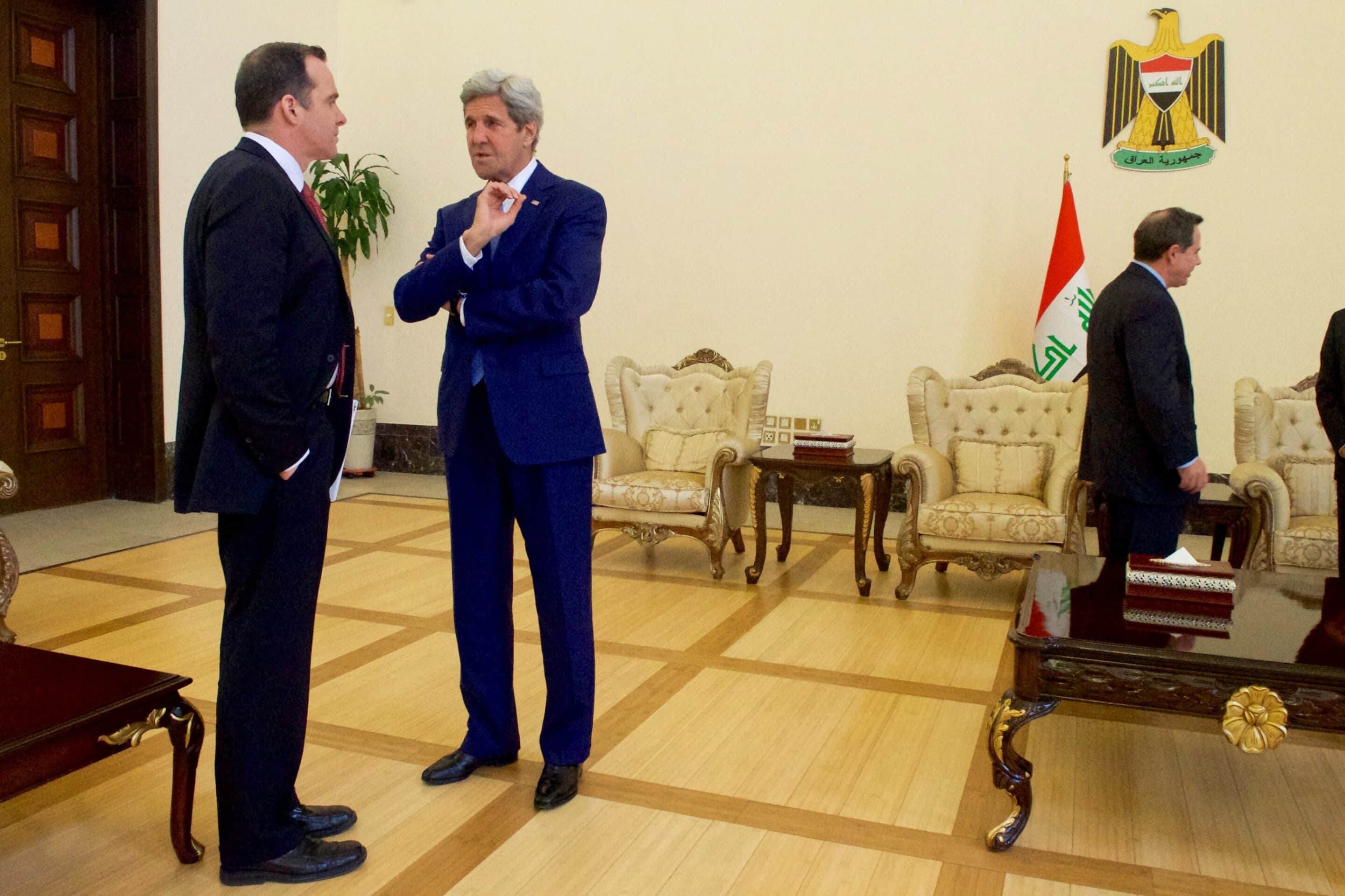 secretary kerry shakes hands with special presidential envoy for the global coalition to counter isil mcgurk before meetings with iraqi officials in baghdad (26305576535)