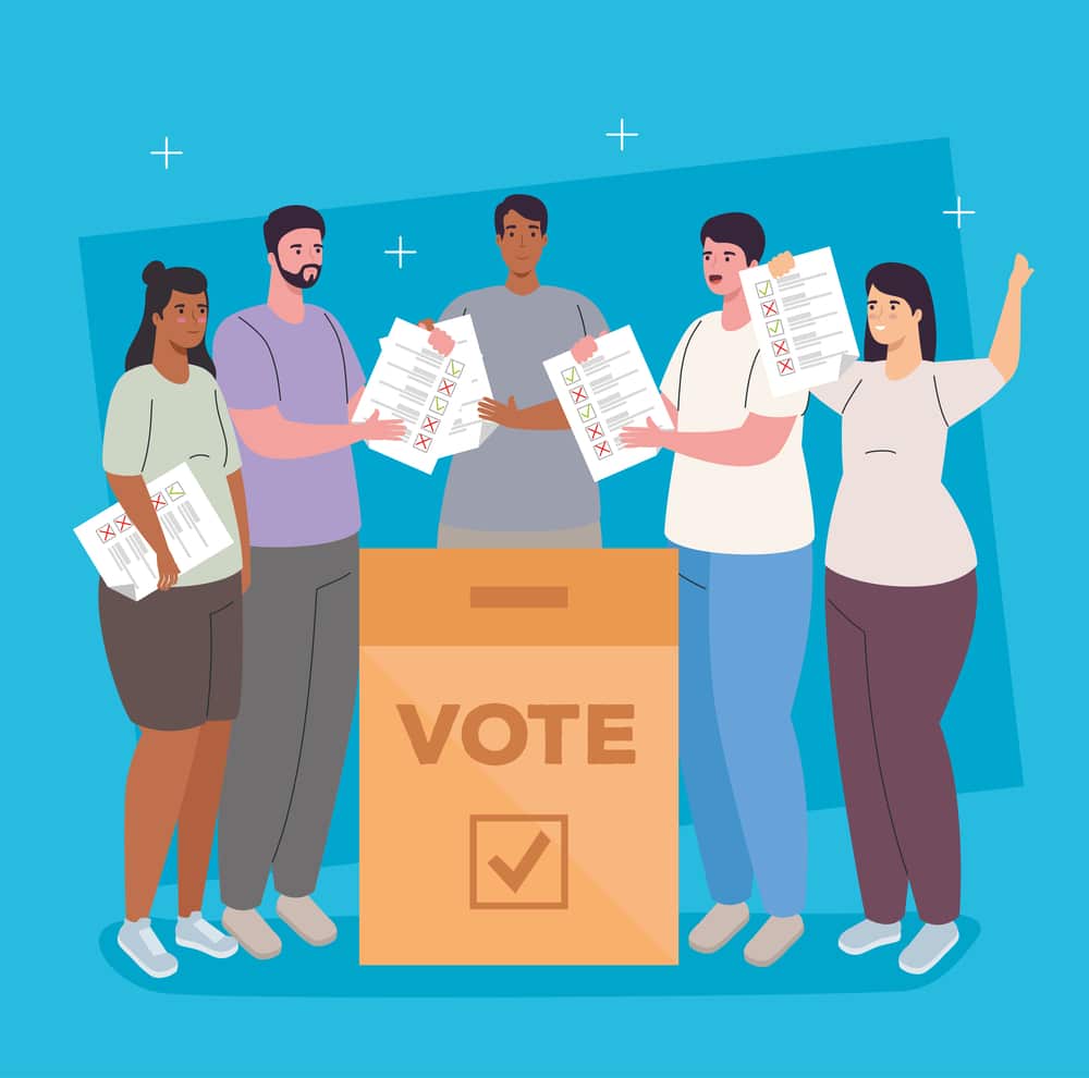 women and men cartoons with vote box vector design