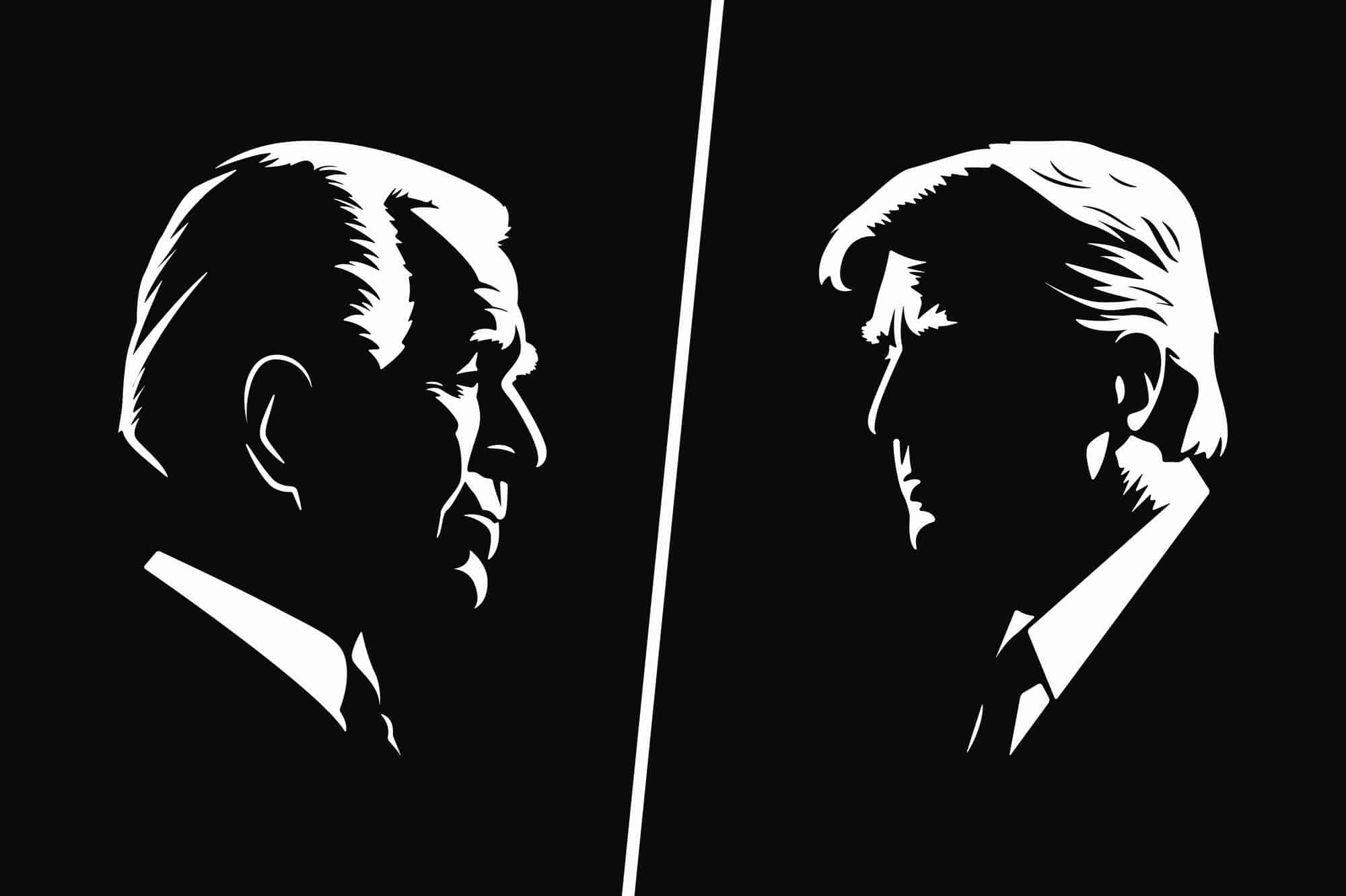 georgia. march 13, 2023: black and white silhouette portrait of joe biden and donald trump. biden vs trump. us president on black background. side view. vector illustration