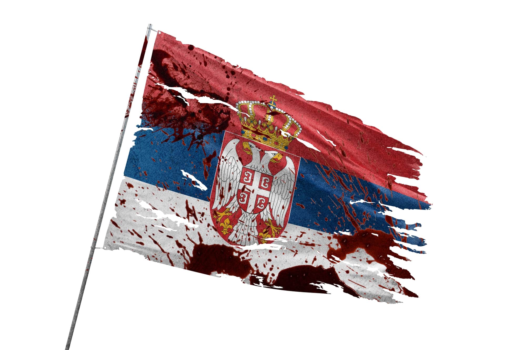 serbia torn flag on transparent background with blood stains.