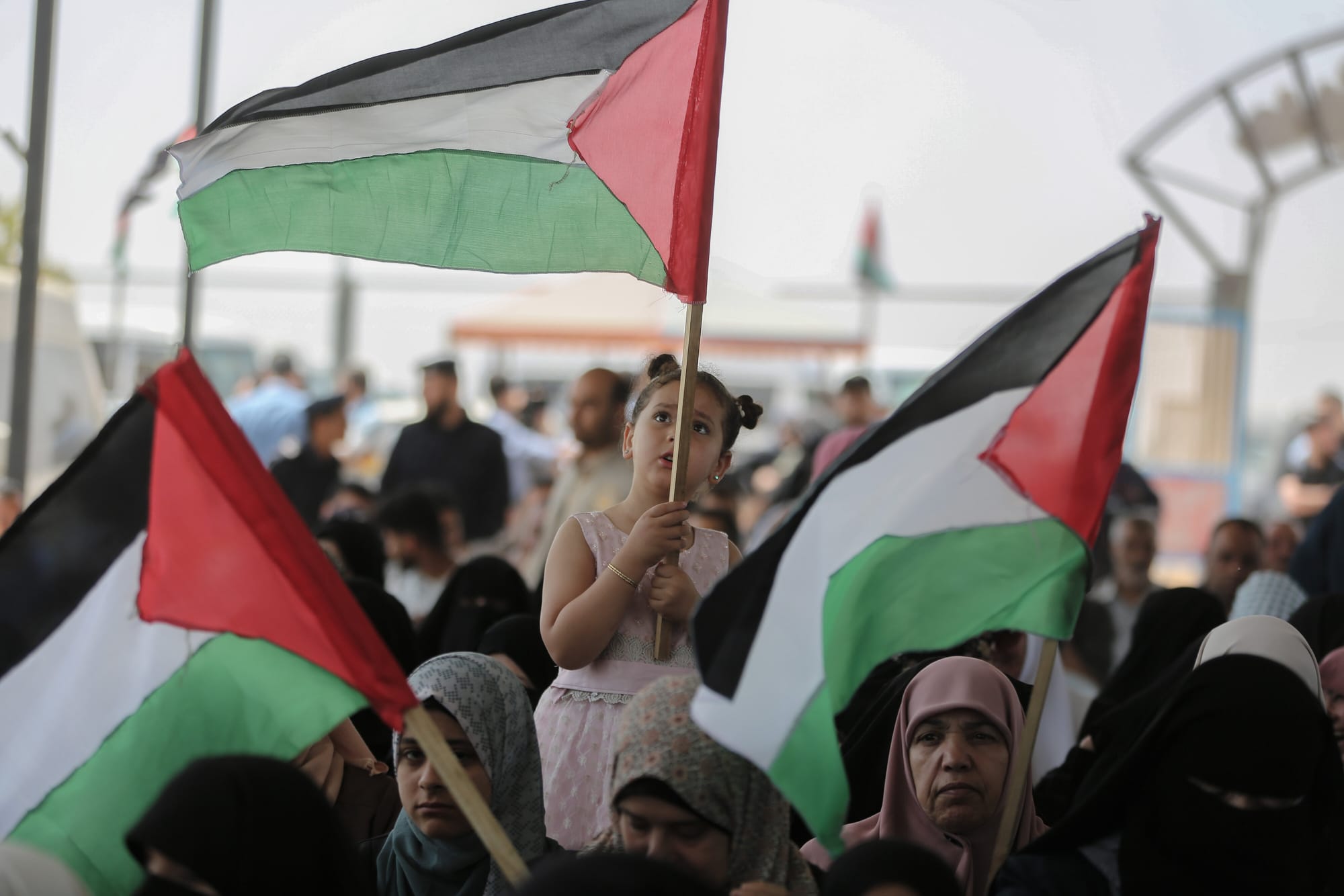 palestinos agitam bandeiras durante marcha pelo 74º aniversario da "nakba"