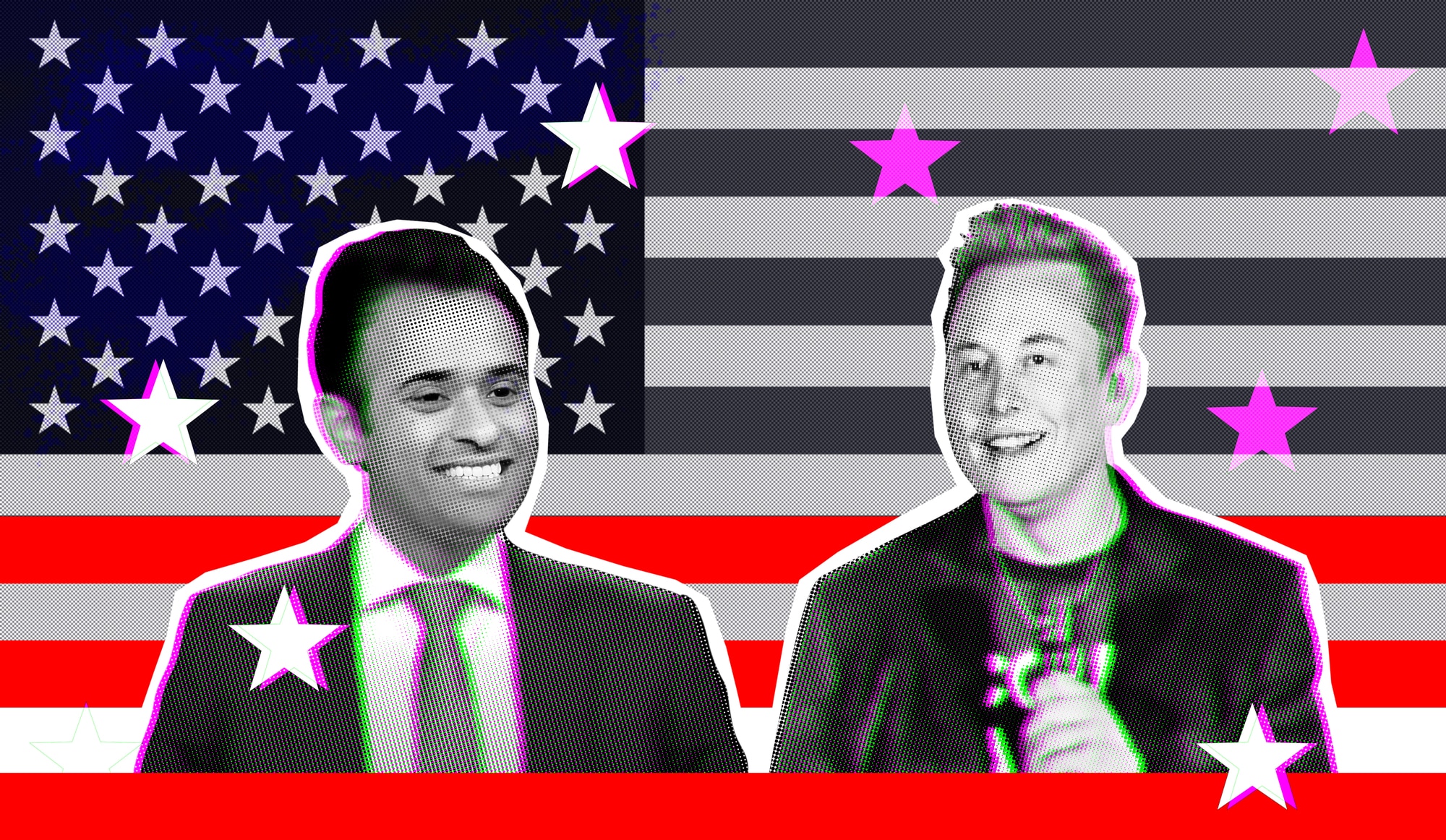 vivek ganapathy ramaswamy and elon musk against the background of the usa flag. collage with halftone and glitch effect.