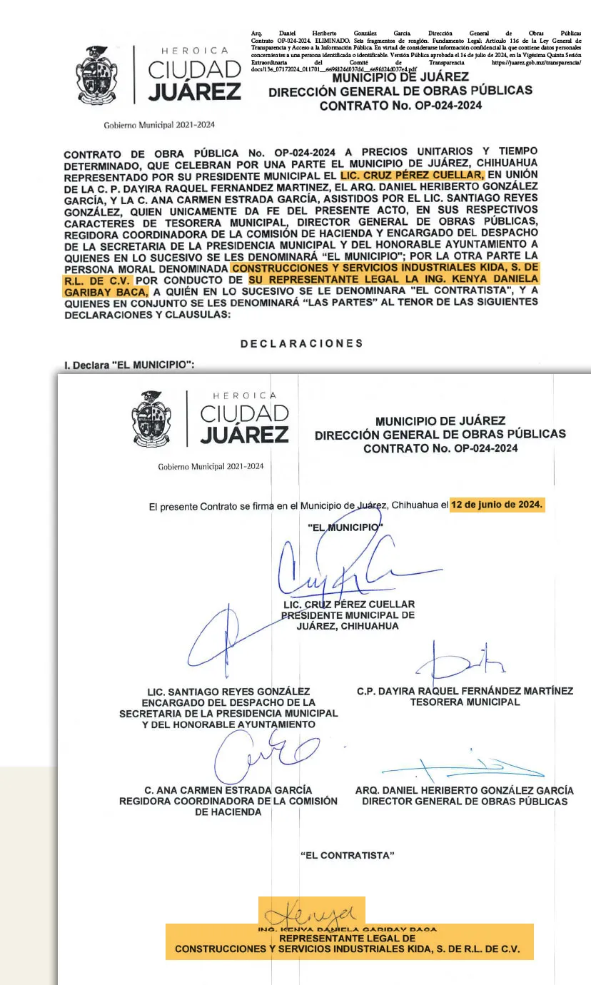 El 12 de junio de 2024, Kenya Garibay Baca recibe el primer contrato del gobierno crucista a través de la empresa KIDA, por un monto de 5 millones de pesos para la rehabilitación de un parque.