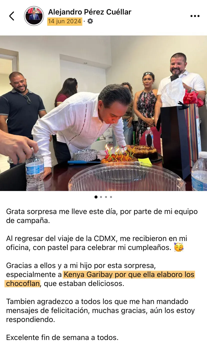 Alejandro Pérez Cuéllar celebra su cumpleaños junto a su equipo, entre ellos Kenya Garibay, dos días después de que la empresa de la ingeniera recibiera su primer contrato municipal, en junio de 2024. / Fuente: Facebook Alejandro Pérez Cuéllar.