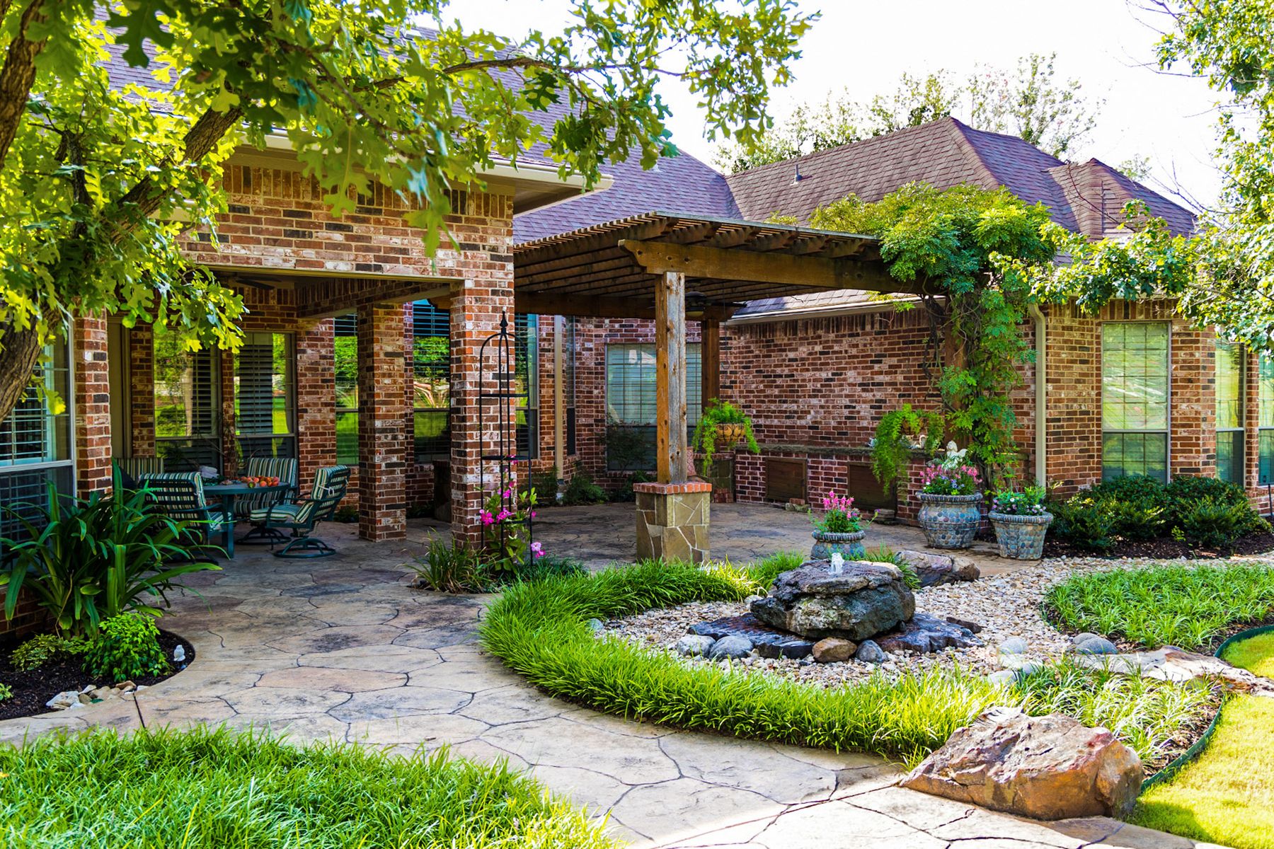 Woodson Residence Back Patio and Bubbling Boulder