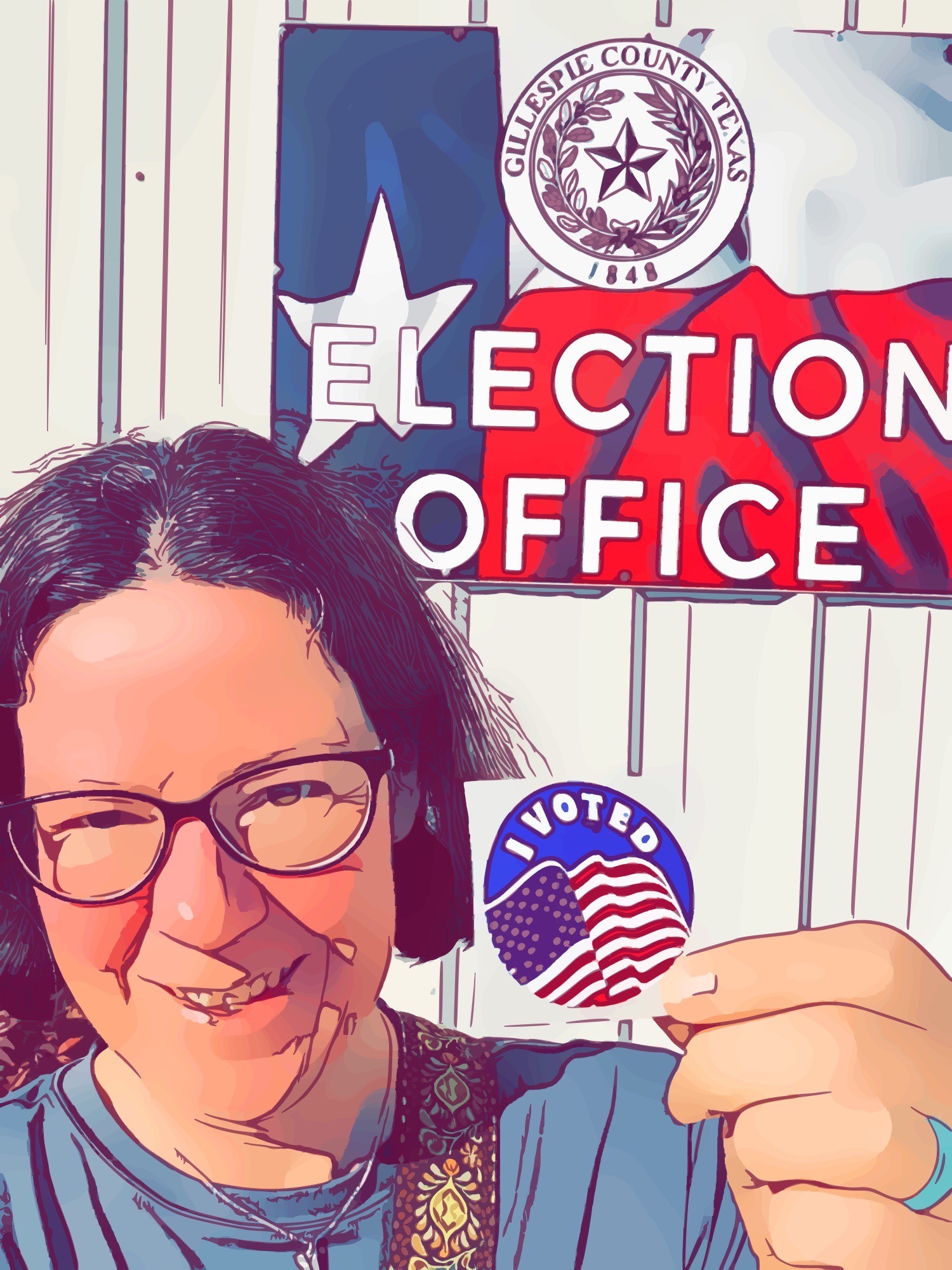 A photo of me holding an “I Voted” sticker outside the Gillespie County Election Office. It is cartoonized as y’all don’t need to see my warts-and-all face ;-)