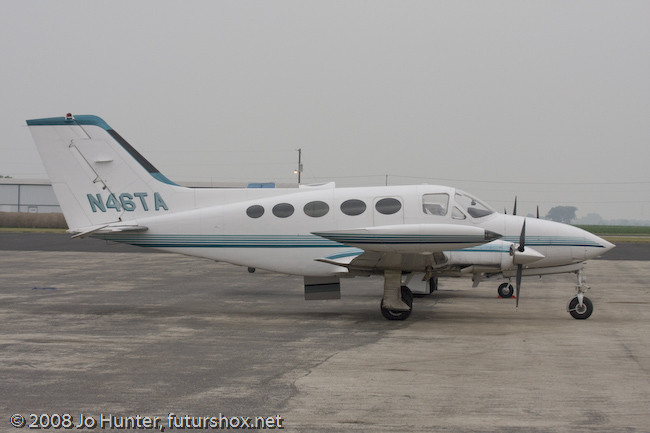 An airplane: Cessna 414 Chancellor taken during New Braunfels Pancake Breakfast Fly-In, 10-05-2008