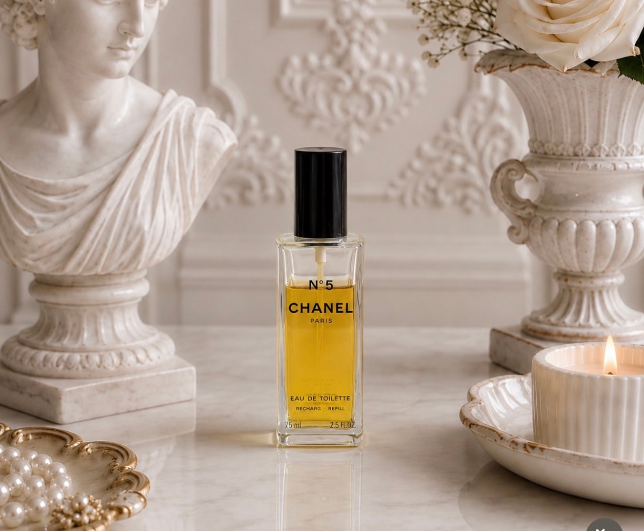 Chanel N°5 Eau de Toilette Vintage Recharge Refill Spray 65 ml left of 75 ml bottle 2.5 oz / 75ml Preowned Without Packaging image 1