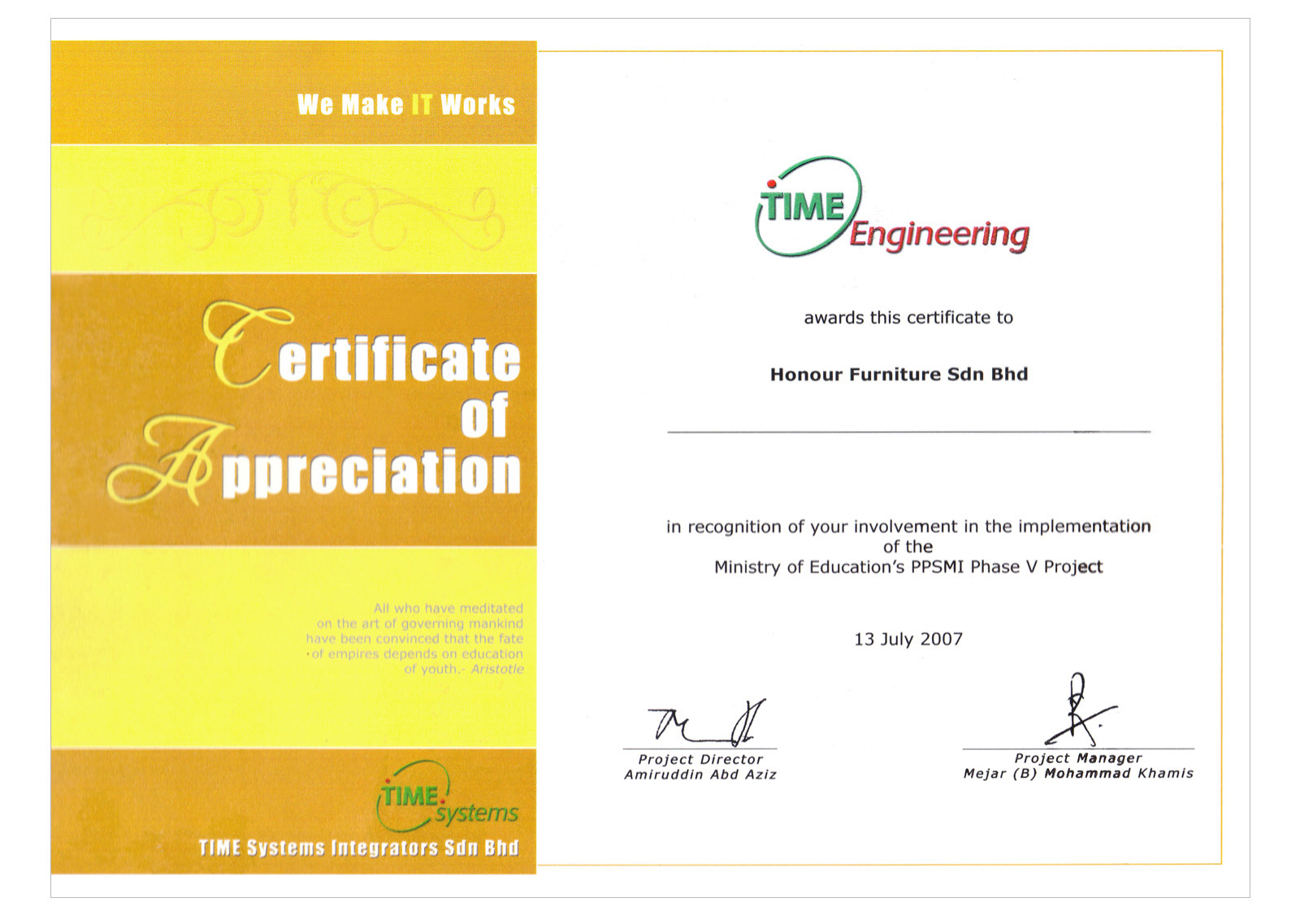Certificate of Appreciation, Time Engineering