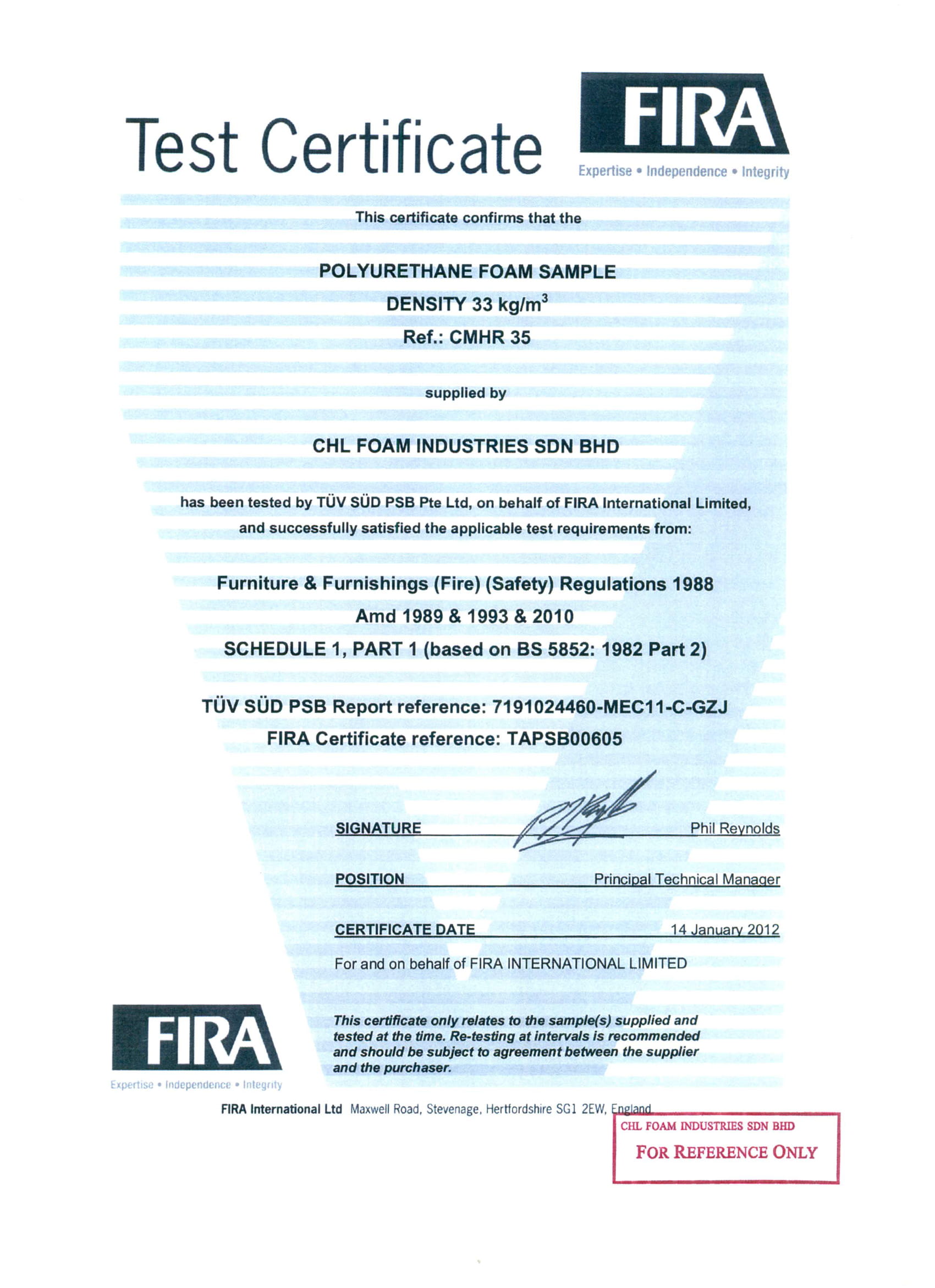 Test Certificate by FIRA - Polyurethane Foam (Furniture & Furnishings (Fire) (Safety) Regulations 1988