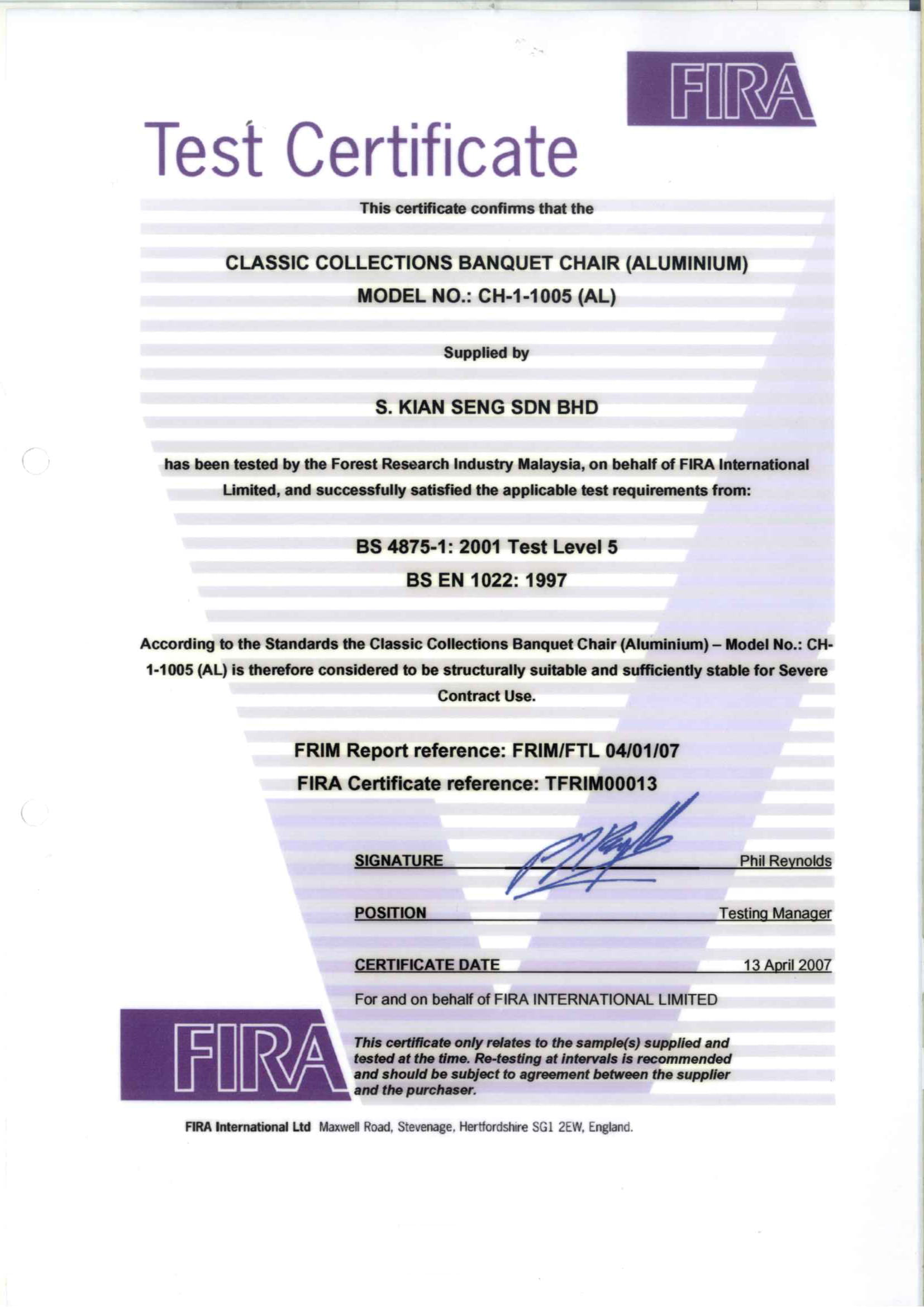 Test Certificate by FIRA - Classic Collection CH-1-1005(AL) (BS 4875-1 :2001 Test Level 5 BS EN 1022:1997)