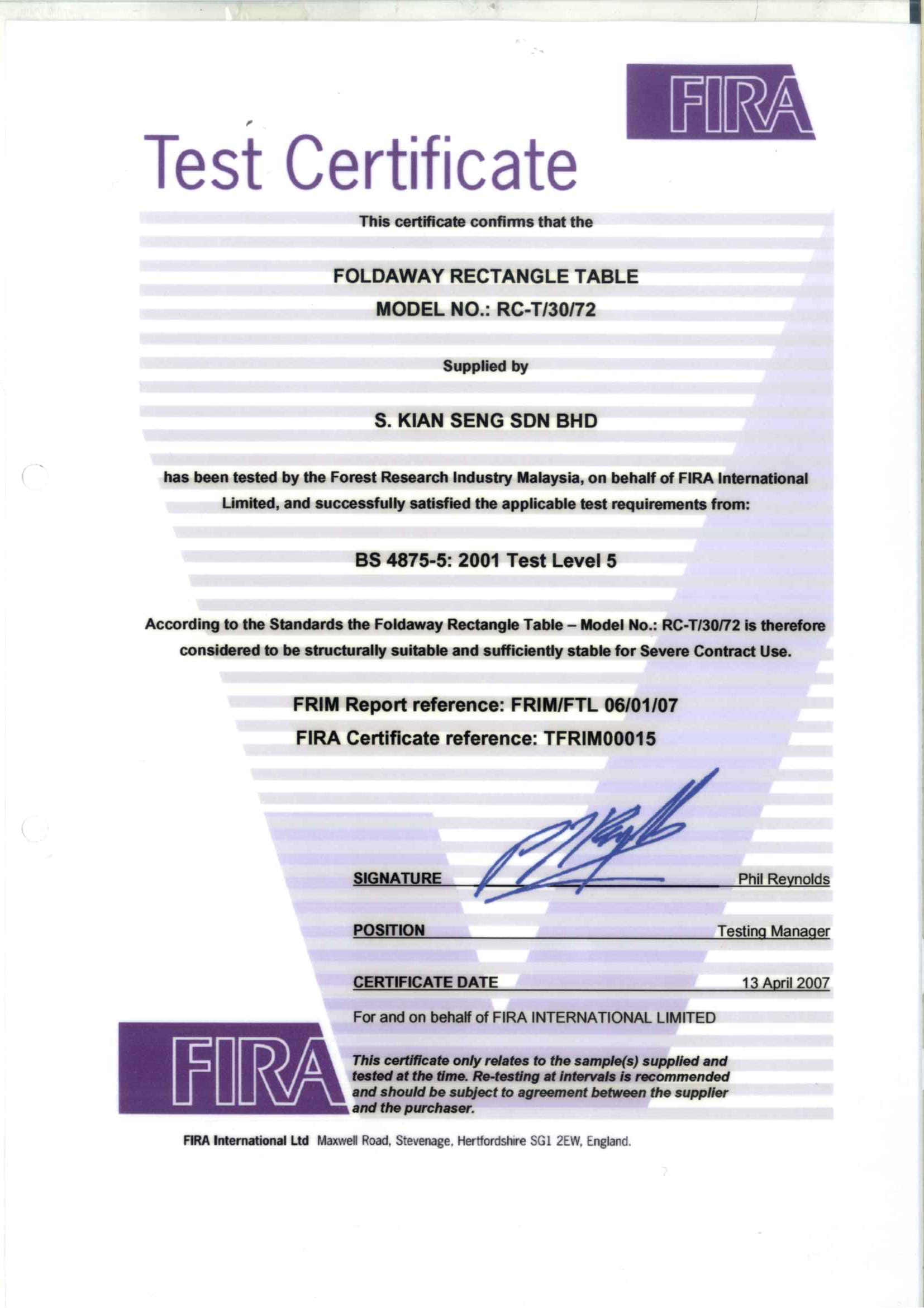 Test Certificate by FIRA - Foldaway Rectangle Table RC-T/30/72 (BS 4875-5: 2001 Test Level 5)