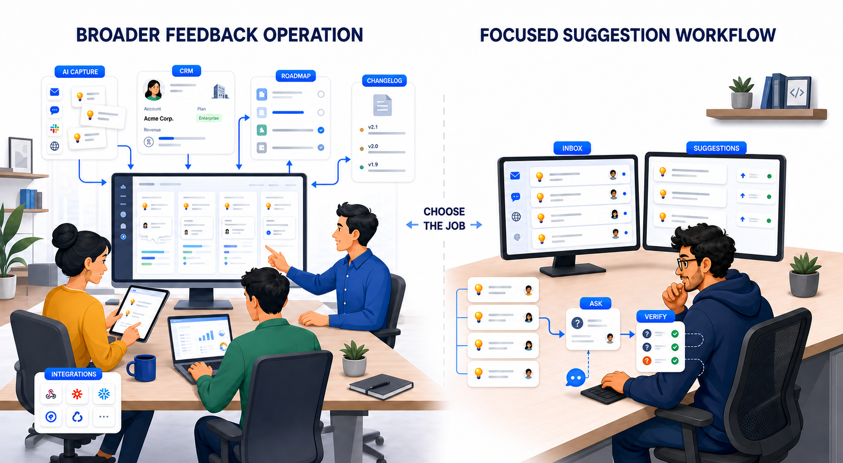 An illustrated comparison of a broader feedback operation with AI capture, CRM, a roadmap, a changelog, and integrations, and a focused suggestion workflow with an Inbox, public Suggestions, participant questions, and release checks.