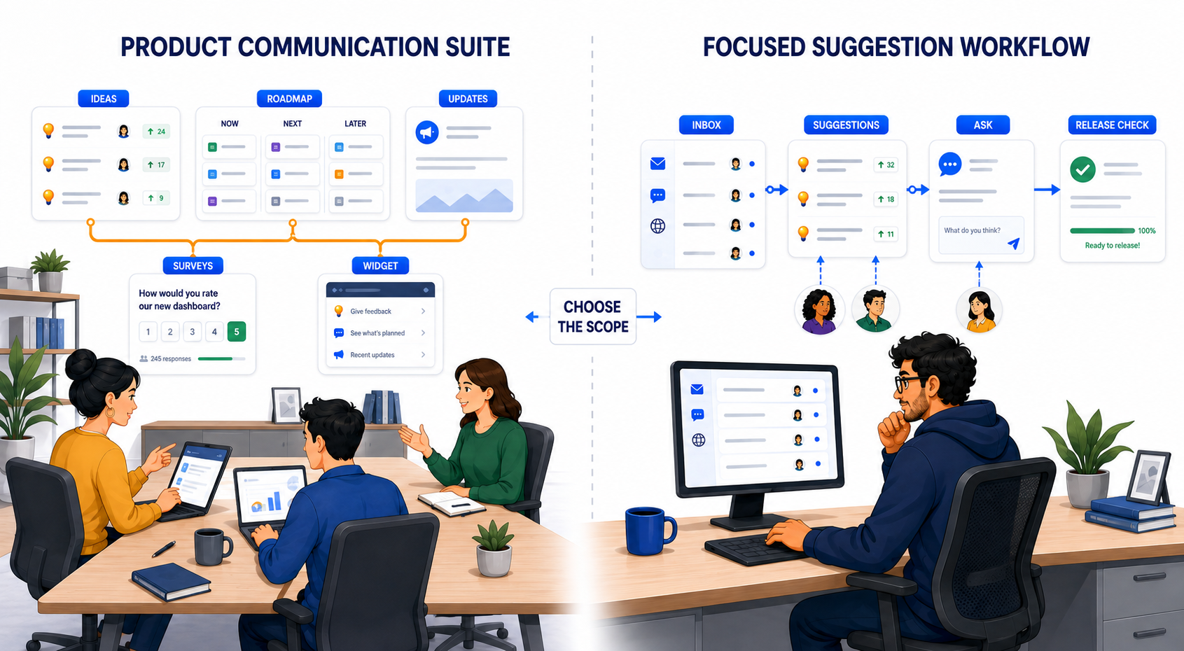 An illustrated comparison of a product communication suite with Ideas, Roadmap, Updates, Surveys, and Widget stations and a focused suggestion workflow with an Inbox, public Suggestions, questions, and a release check.