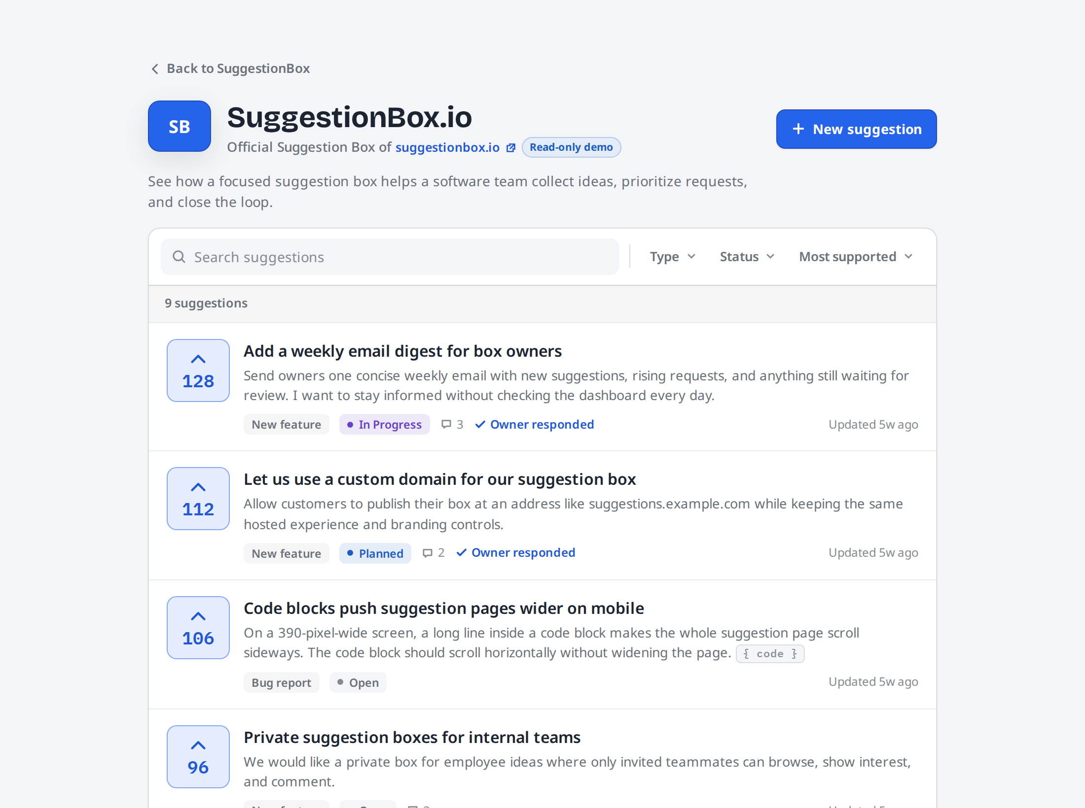 A real branded Suggestions portal where customers can submit Suggestions, show support, filter the list, and see statuses and owner responses.