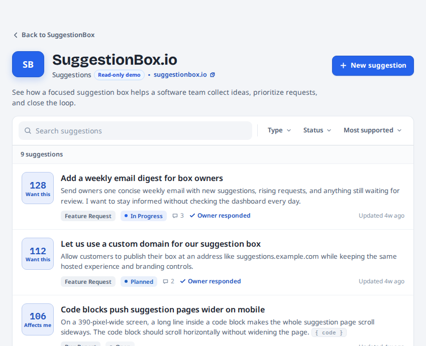 A populated public board with owner-created ideas, participant suggestions, people-based support, statuses, comments, and owner responses.