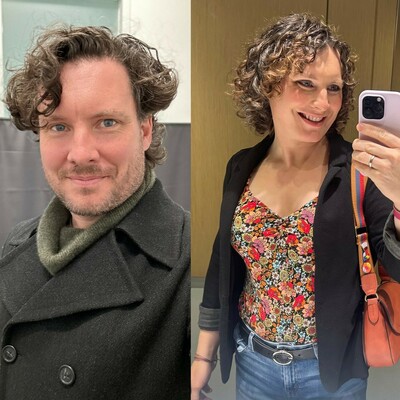 On the left, me, masc-presenting as a white man with a short full beard, wearing a pea coat over a sweater.  On the right, me, fem-presenting, wearing a blazer over a flower-print shirt, with my purse strap showing the trans flag and a pride heart.